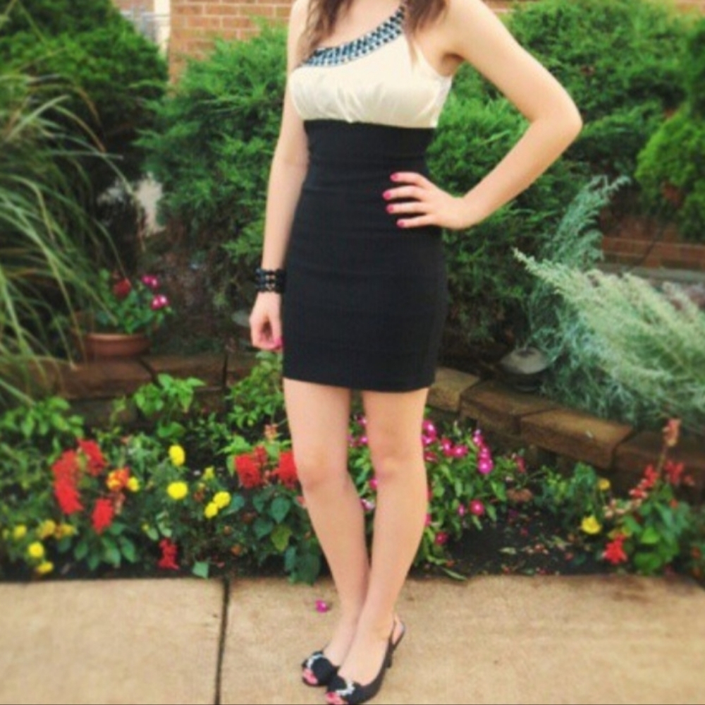 One Shoulder Black and White Rhinestone   Dress w/ Bracelet - Homecoming, Party